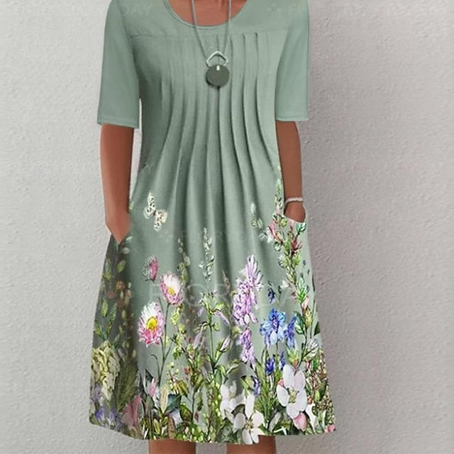 Women's Midi Dress Casual Dress Floral Ruched Pocket Crew