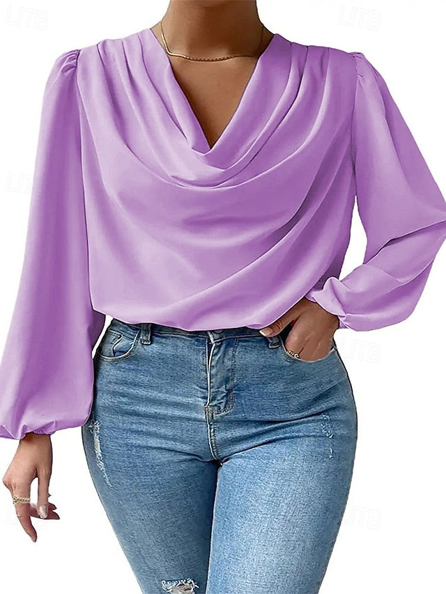 Women's Shirt Elegant Dressy Satin Top Ruched Patchwork