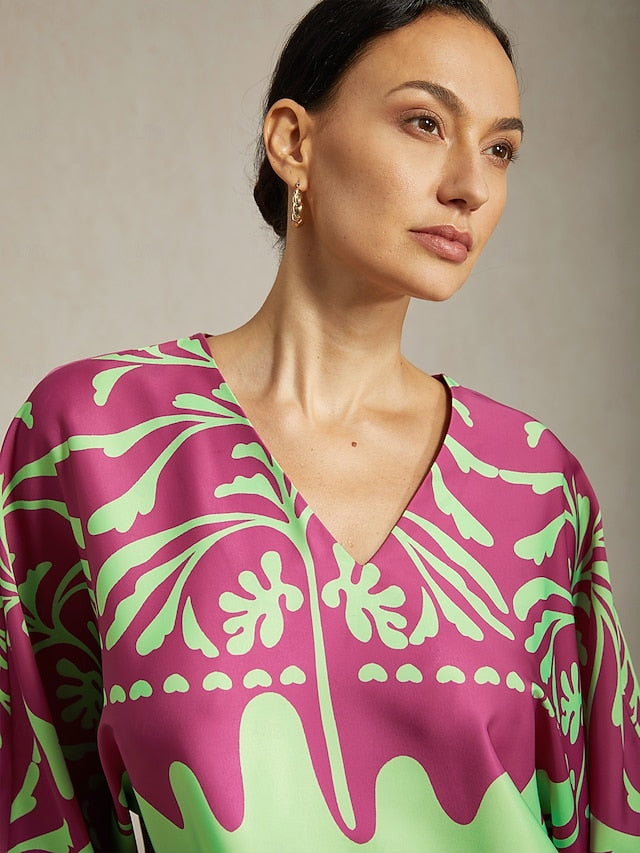 Women's Top Vivid Fuchsia Print Satin Lantern Long Sleeve V