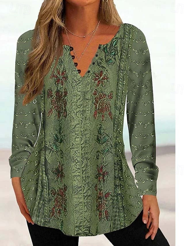 Women's Tunic Shirt Henley Shirt Blouse Tunic Basic Floral