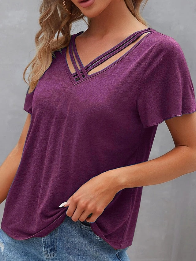 Women's T Shirt Tee Top Criss-Cross Hollow Out Plain