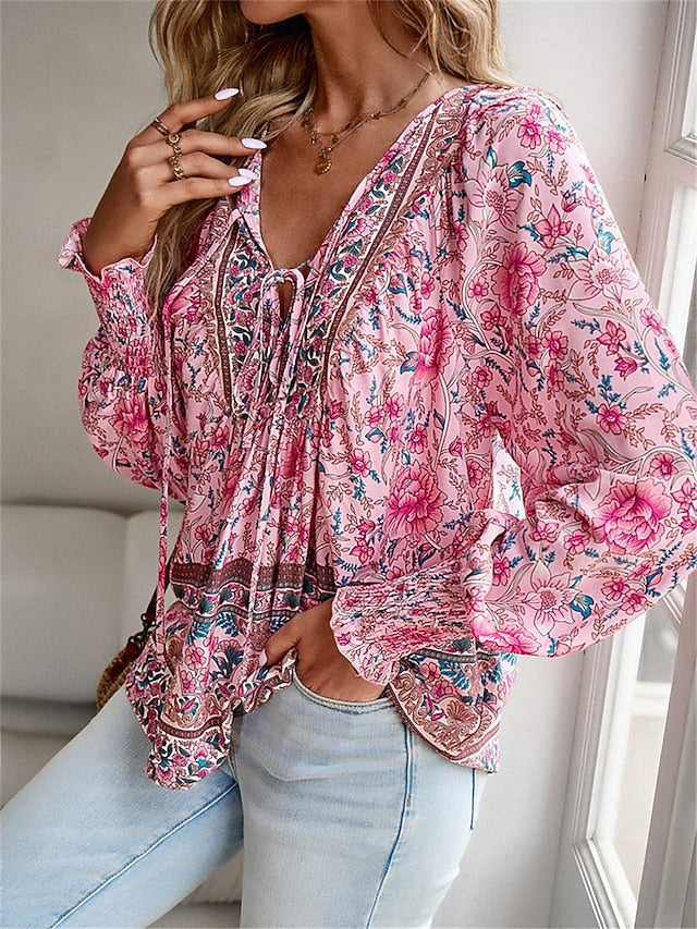 Women's Shirt Blouse Casual Boho Floral Lace up Print Long