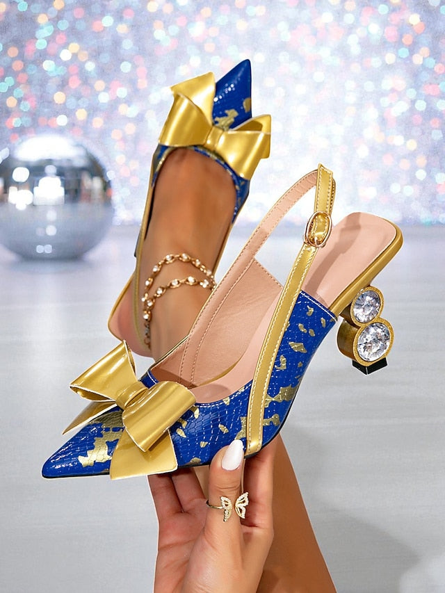 Bow Pumps and - High Heel Blue Slingback Gold Women's