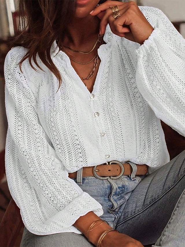 Women's Shirt Dressy Tops Hollow Out Buttons Plain Elegant