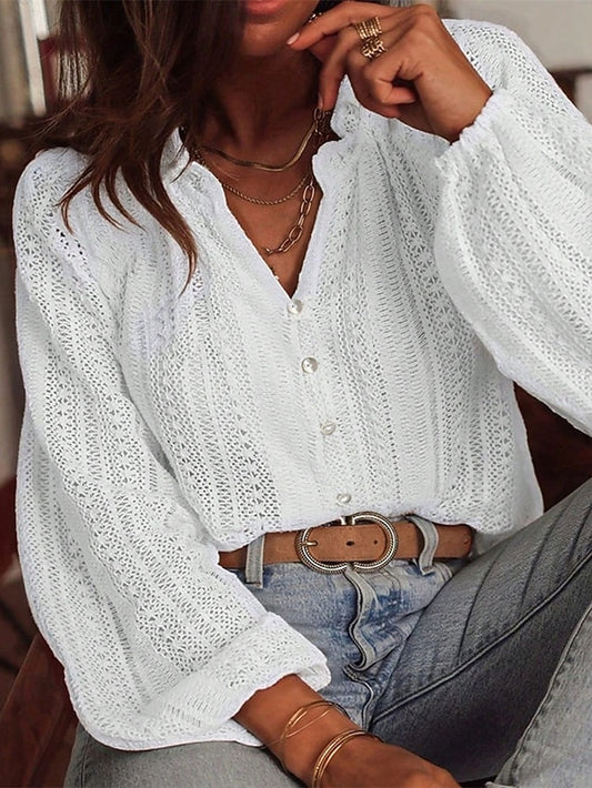 Women's Shirt Dressy Tops Hollow Out Buttons Plain Elegant