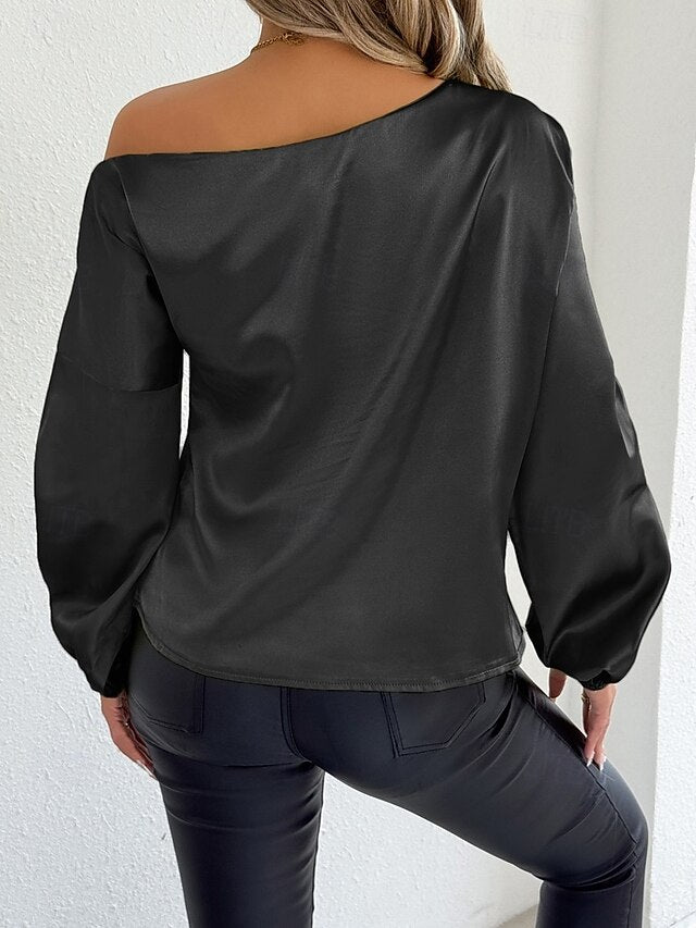 Women's Satin Tee Top Elegant Stylish Long Sleeve Puff