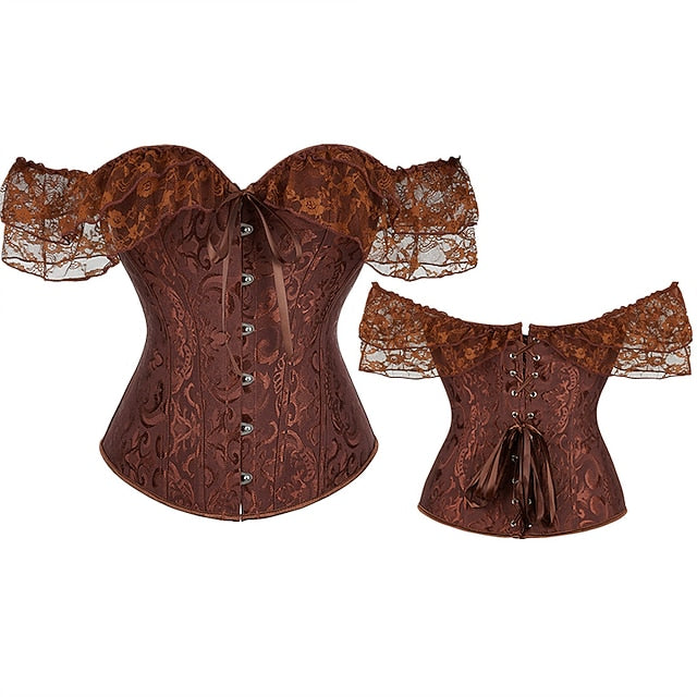 Women Floral Lace Off Shoulder Overbust Corset Bustier Boned