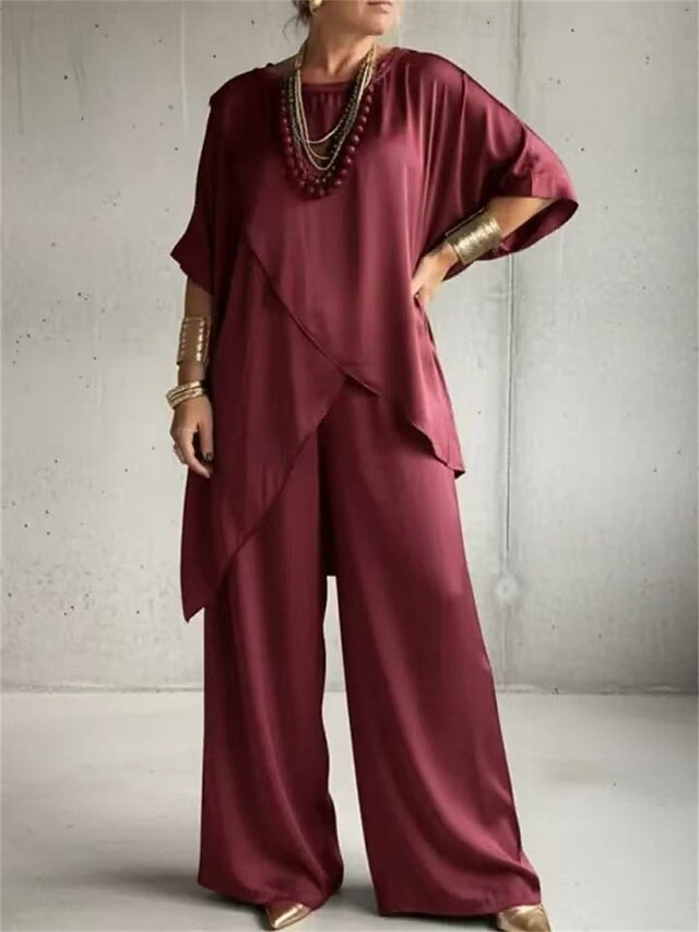 Women's Pants Sets Half Sleeve Round Neck Plain Ruched