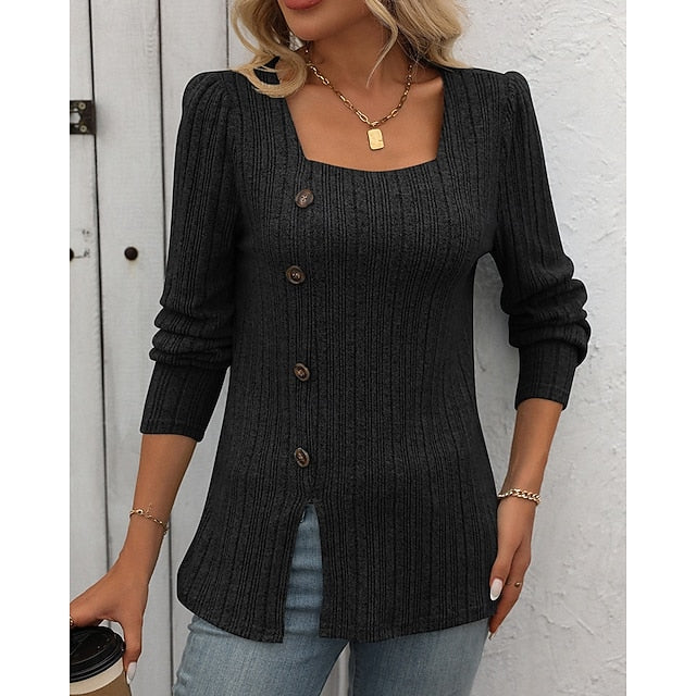 Women's Pullover Sweatshirt Casual Tops Buttons Long Sleeve