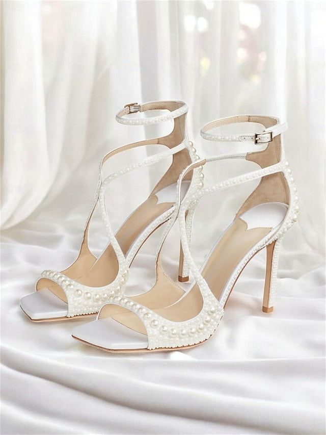 Sandals Open-Toe White Ankle with Stiletto Pearl-Embellished