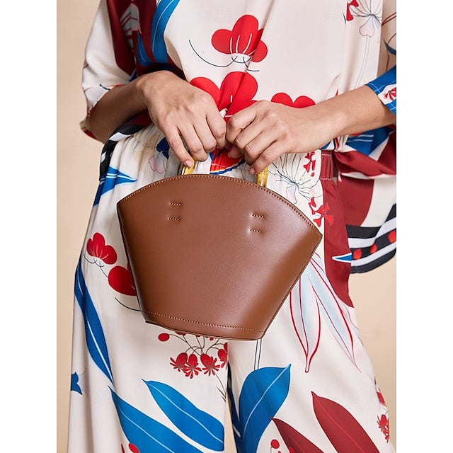 with Brown Leather Handle Bamboo Women's Bucket Bag