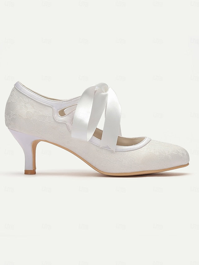 Pumps Elegant - Bridal Lace Satin White with Ribbon Vintage Ties