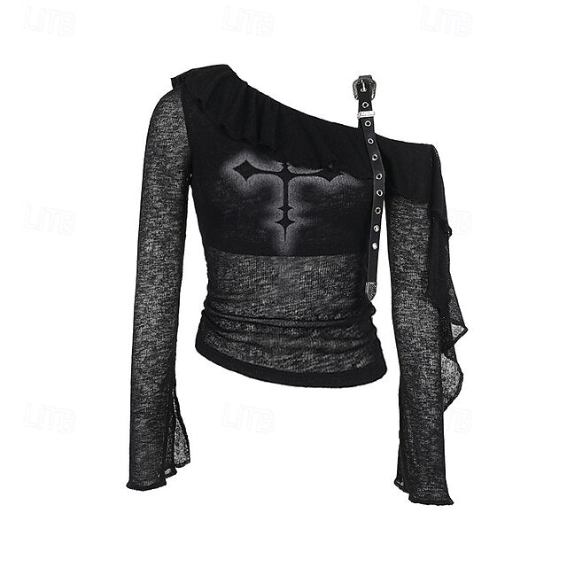 Punk & Gothic Sheer Knit Top Goth Girl Off Shoulder Cross