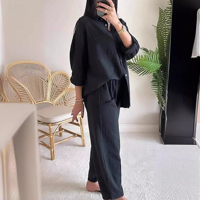 Women's Shirt Pants Sets Bolero Top Long Sleeve Shirt