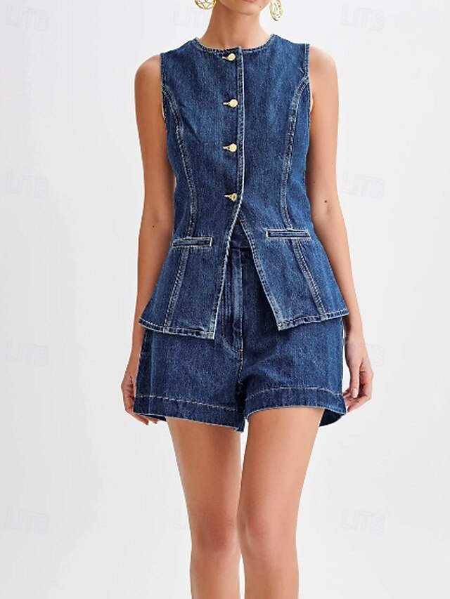 Women's Blouse Shorts Sets Sleeveless Crew Neck Solid Color