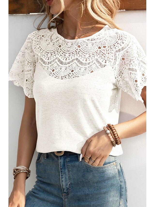 Women's Blouse Lace Tops Lace Plain Casual Short Sleeve