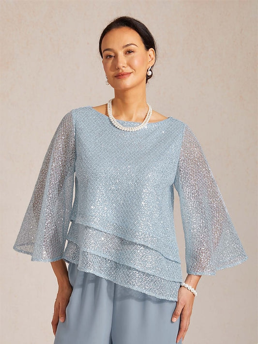 Women's Blouse Lace Tops Sequins Patchwork Illusion Solid