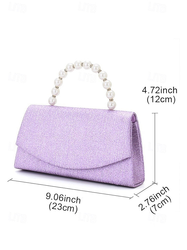 Women's – Purple with Pearl Bag Clutch Handle Glitter