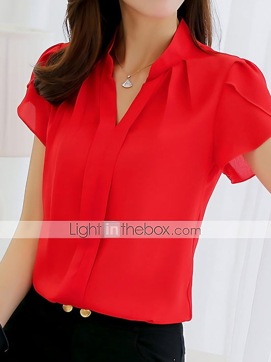 Women's Shirt Blouse White Pink Red Plain Short Sleeve Work