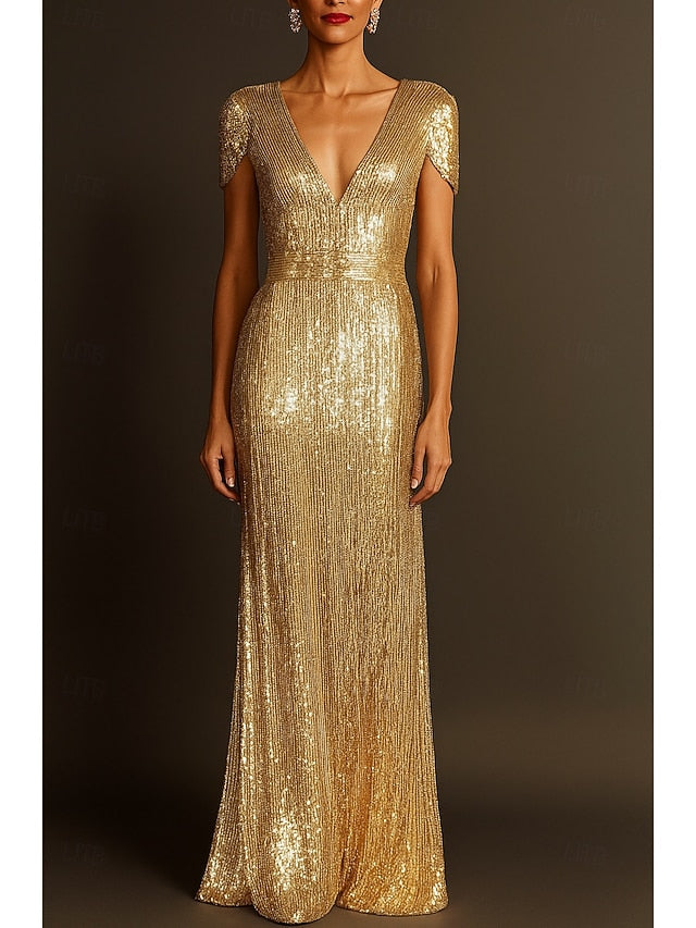 Column Elegant Black Wedding Formal Gold Evening Dress Gown