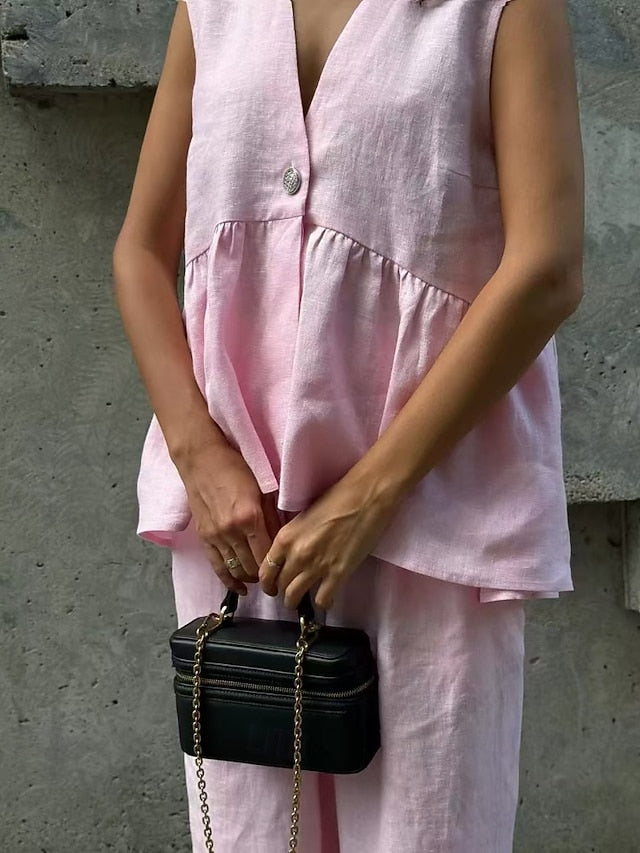 Women's Cotton Linen Sets Blouse Vest Sleeveless V Neck