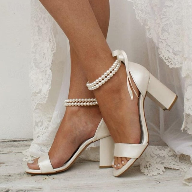 Sandals Satin Pearl with White - Heels and Wedding Anklet Block