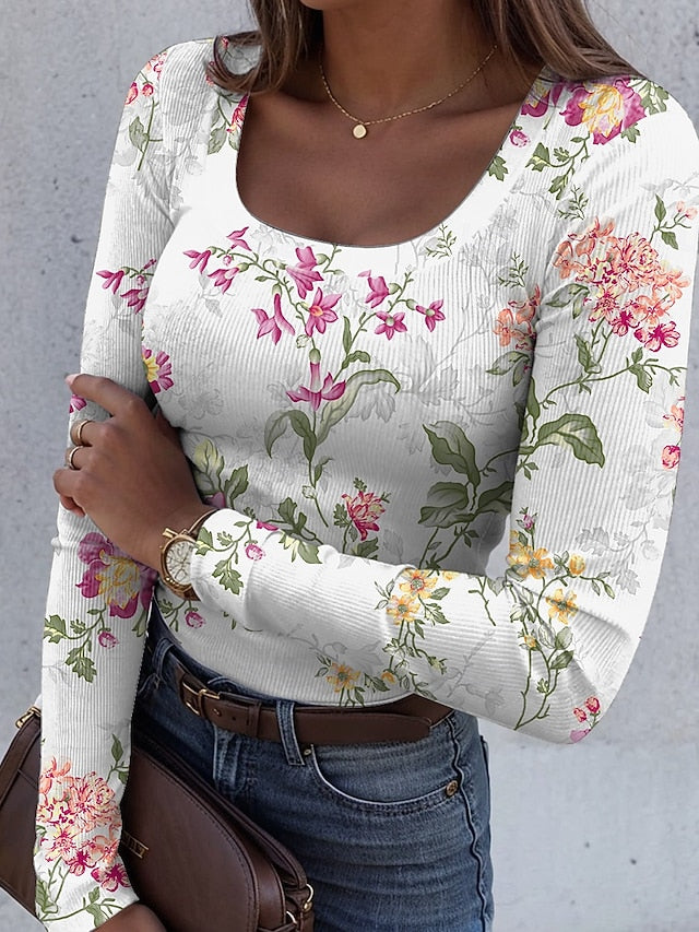 Women's T shirt Long Sleeve Ribbed Graphic Square Neck Long