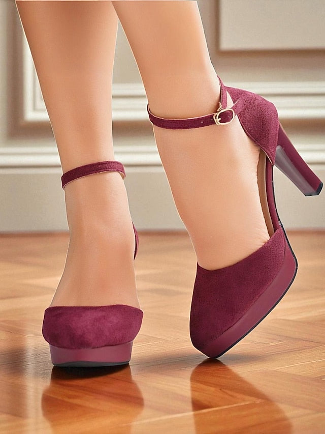 Heel High Suede Platform Women's Ankle Burgundy 1950s Strap