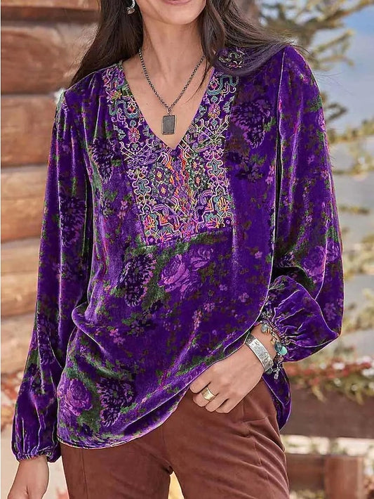 Women's Shirt Boho Shirt Blouse Velvet Basic Floral Print