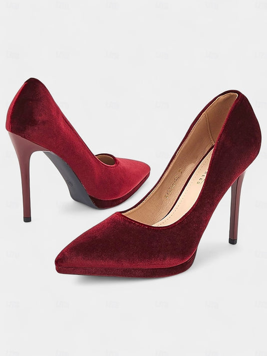 Velvet Burgundy Pumps with and Women's Heel Stiletto