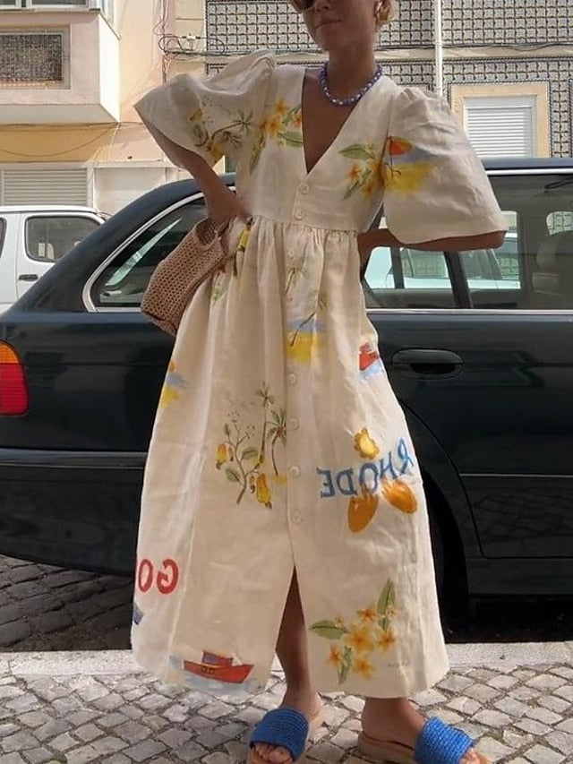 Women's Leaf Animal Print V Neck Puff Sleeve Midi Dress