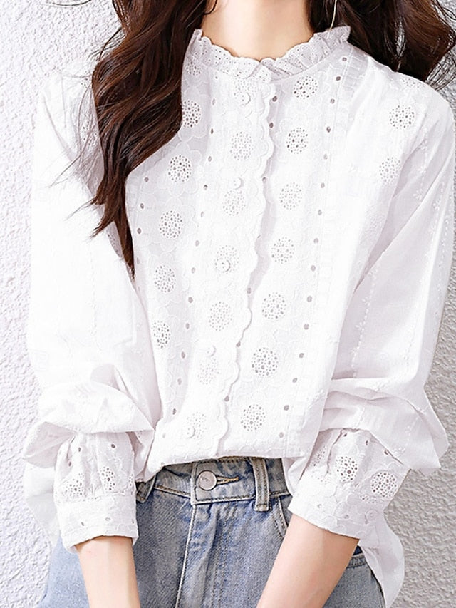 Women's Shirt Blouse Lace Tops Lace Buttons Plain Stylish