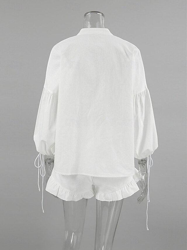 Women's Cotton Linen Sets Bolero Top Long Sleeve Lantern