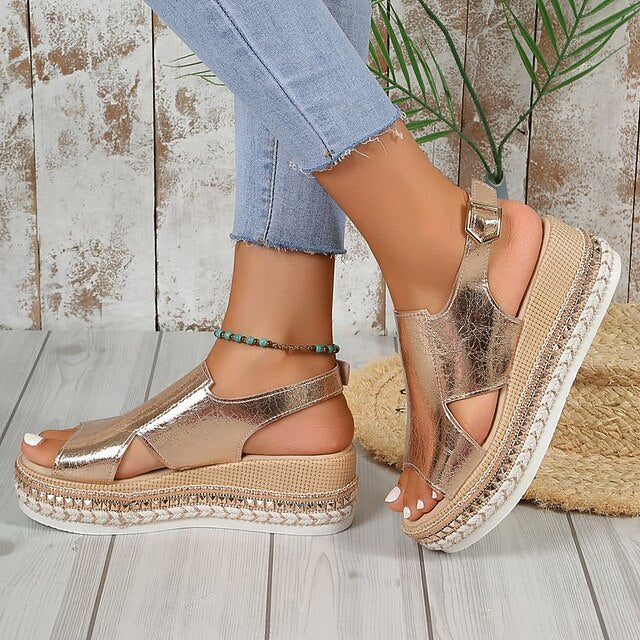 Leather Metallic Gold Espadrille Faux Platform Women's