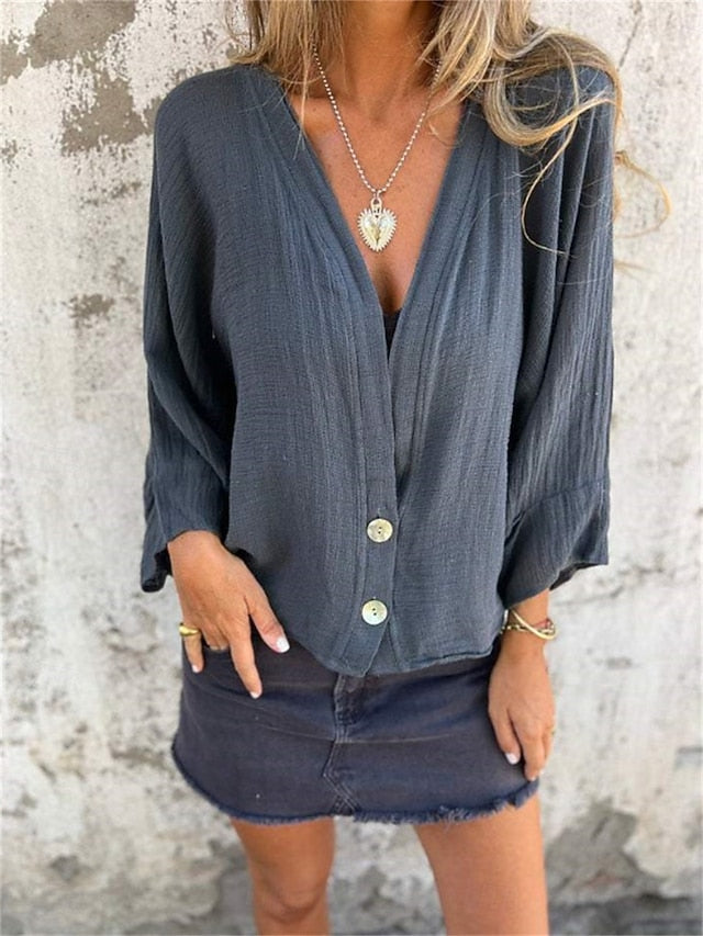Women's Button Up T Shirt Faux Cotton Linen Patchwork