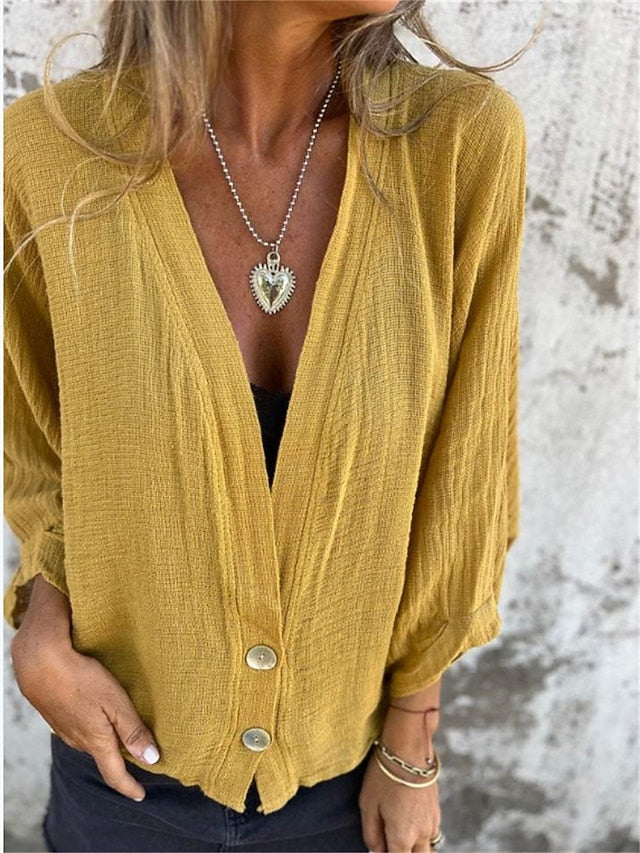 Women's Button Up T Shirt Faux Cotton Linen Patchwork