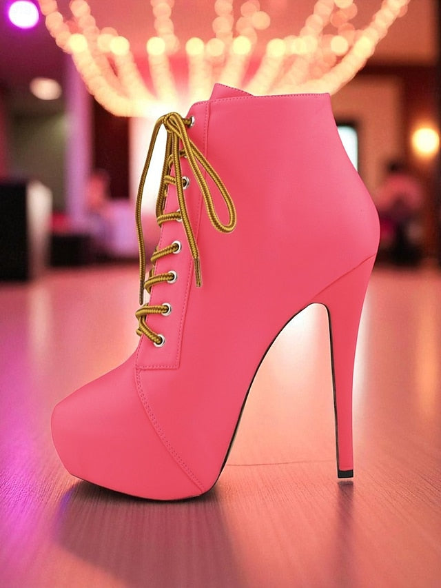 Beige Faux Lace-Up Leather Platform Women's Ankle Boots -