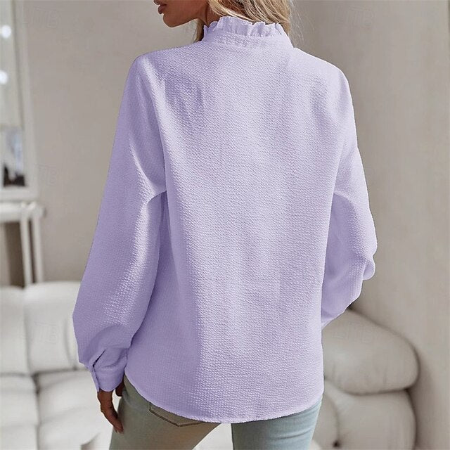 Women's Blouse Dressy Tops Ruched Ruffle Buttons Plain