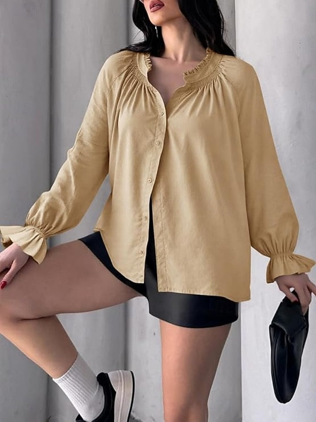 Women's Casual Shirt Button Up Shirt Blouse Ruffle Buttons