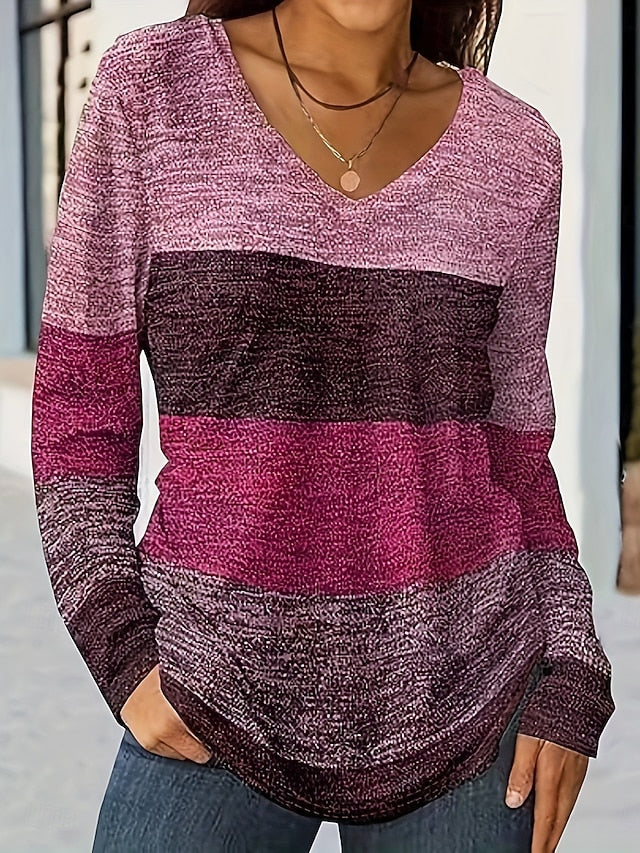 Women's T Shirt V Neck Long Sleeve Tunic Ombre Graphic