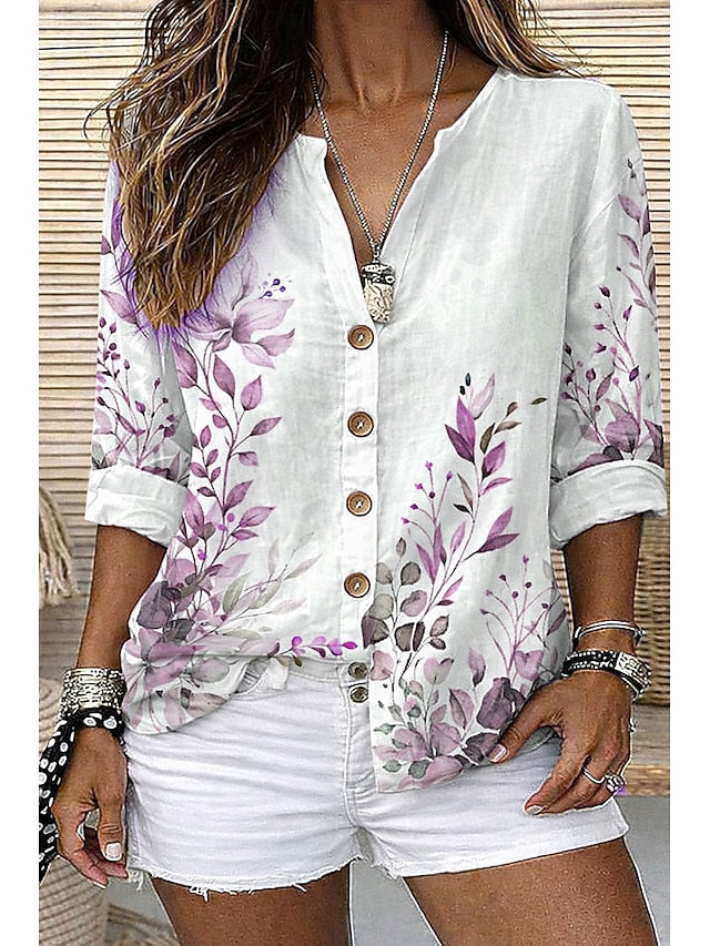 Women's Shirt Tunic Summer Tops Buttons Floral Graphic