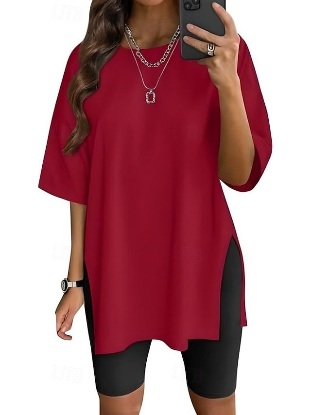 Women's T Shirt Side Split Solid Color Graphic Fashion
