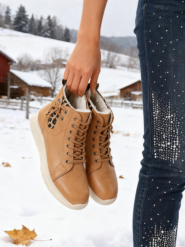 Women's Light Brown High-Top Sneaker Boots with Leopard