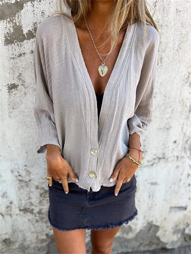 Women's Button Up T Shirt Faux Cotton Linen Patchwork