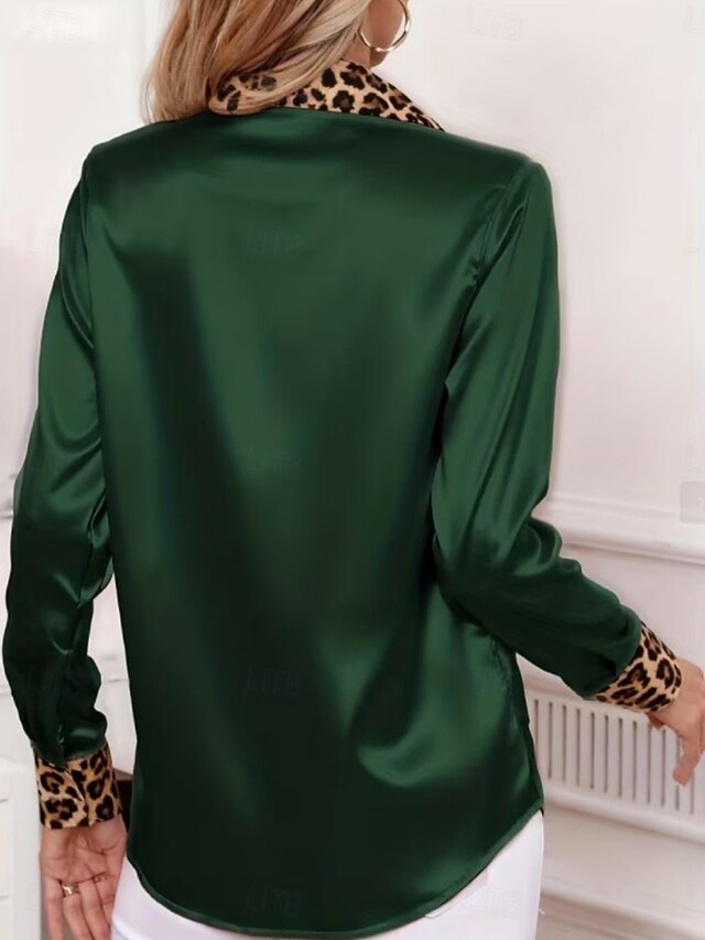 Women's Satin Shirt Dress Shirt Blouse Patchwork Buttons