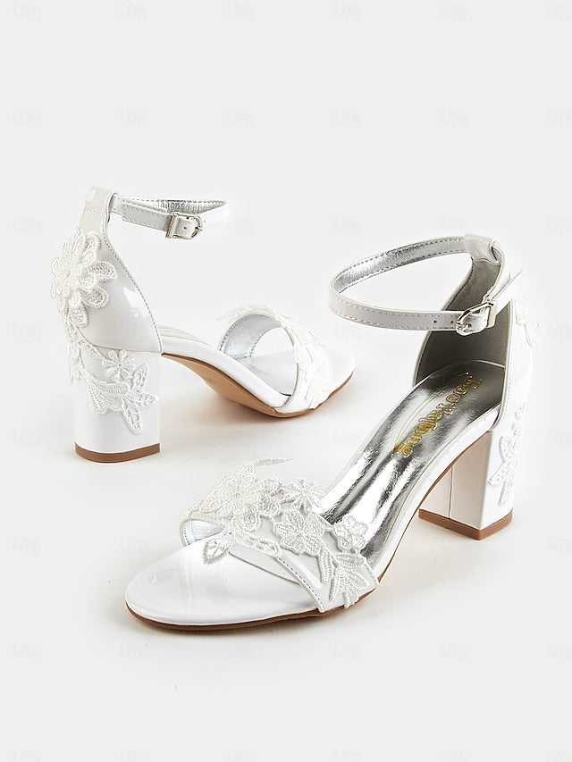 Heels Open-Toe Lace Women - for Bridal Strap with Ankle White