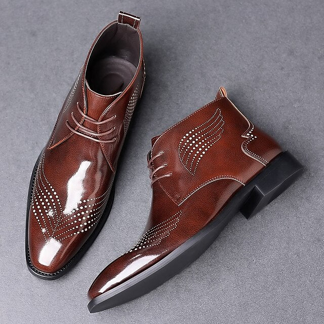 Burgundy Glossy Wingtip Faux Brogue Ankle Leather Men's