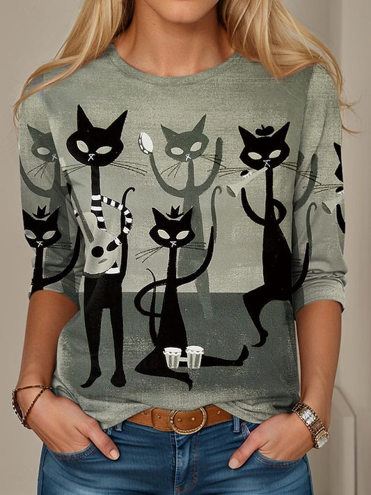 Women's T shirt Crew Neck Long Sleeve Tunic Casual Cat
