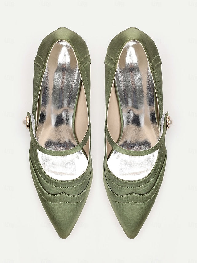 Elegant with Pearl - Button Mary Heels Jane Green Satin