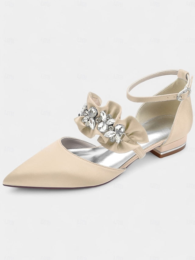 with Pointed-Toe Satin Women's Rhinestone Black Flats